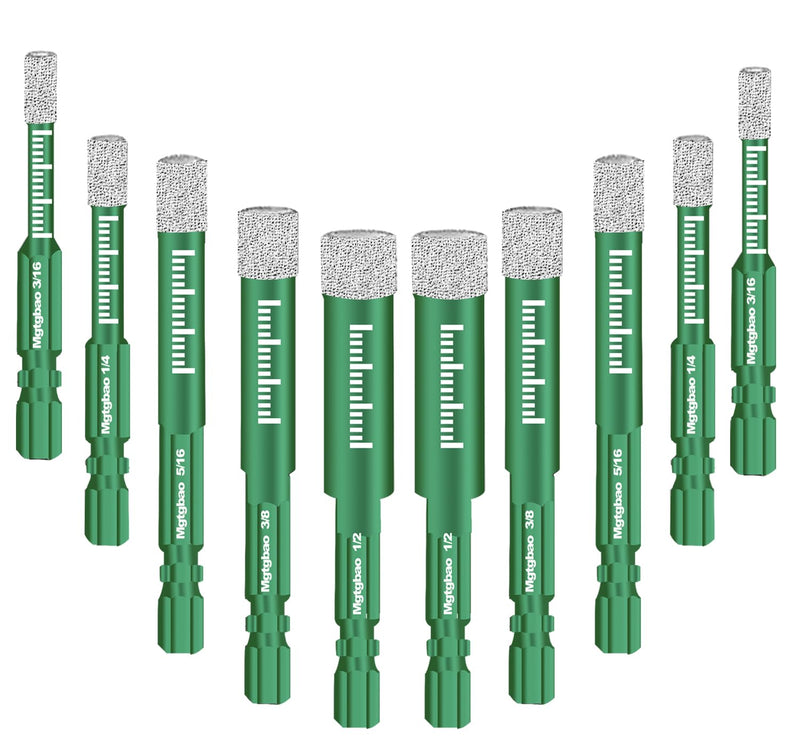 10PCS Green Dry Diamond Drill Bits Set, Tile Drill bit for Granite Marble Tile Ceramic Stone Glass Diamond Hole Saw Kit with Size 3/16,1/4, 5/16, 3/8, 1/2