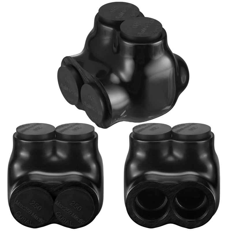 3 Pcs Black Insulated Multi Cable Connectors Vinyl Coated Wire Insulated Splicers with 2 Ports Single Sided Entry, Dual Rated for Copper Aluminum (250-6 Wire Range, 2.22"L x 2.3"W x 2"H) 250-6 Wire Range, 2.22"L x 2.3"W x 2"H