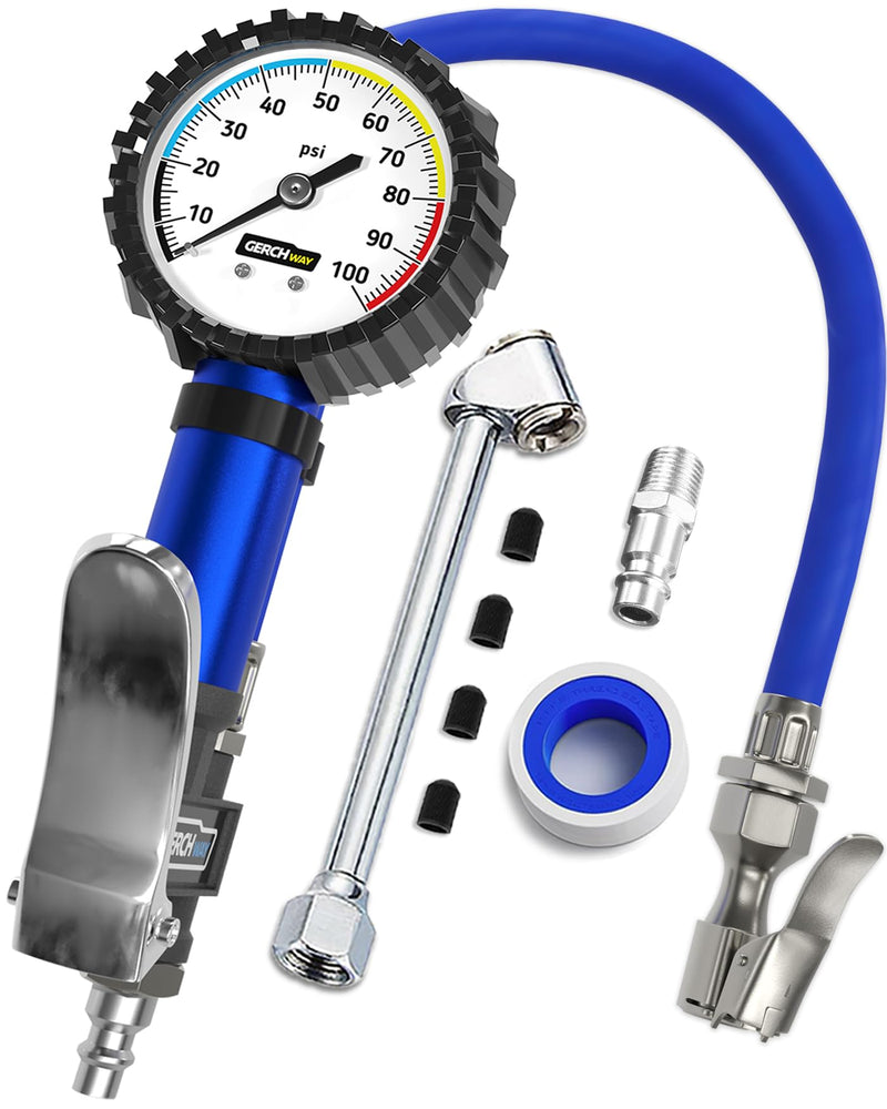 Tire Inflator with Pressure Gauge and Longer Hose - Most Accurate, Heavy Duty Air Chuck with Gauge for Air Compressor Tire Inflator Attachment - 100PSI 100 psi White Dial