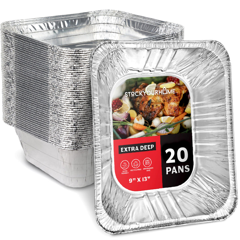 Stock Your Home (20 Pack) Deep Aluminum Pans 9x13, Heavy Duty 4” Deep Foil Pans Disposable Catering Trays, Baking Tins, Large Food Containers for Cooking, Heating, Storage, Serving, Holiday Meal Prep 20
