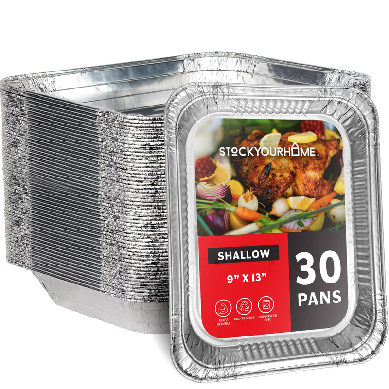 (30 Pack) Disposable Aluminum Pans 9x13 Shallow, Heavy Duty 1.75" Deep Foil Pans, Baking Tins, 13x9 Baking Pan for Cooking and Serving Cookies, Brownies, Sheet Cake, Cookie Sheets, Holiday Meal Prep 30