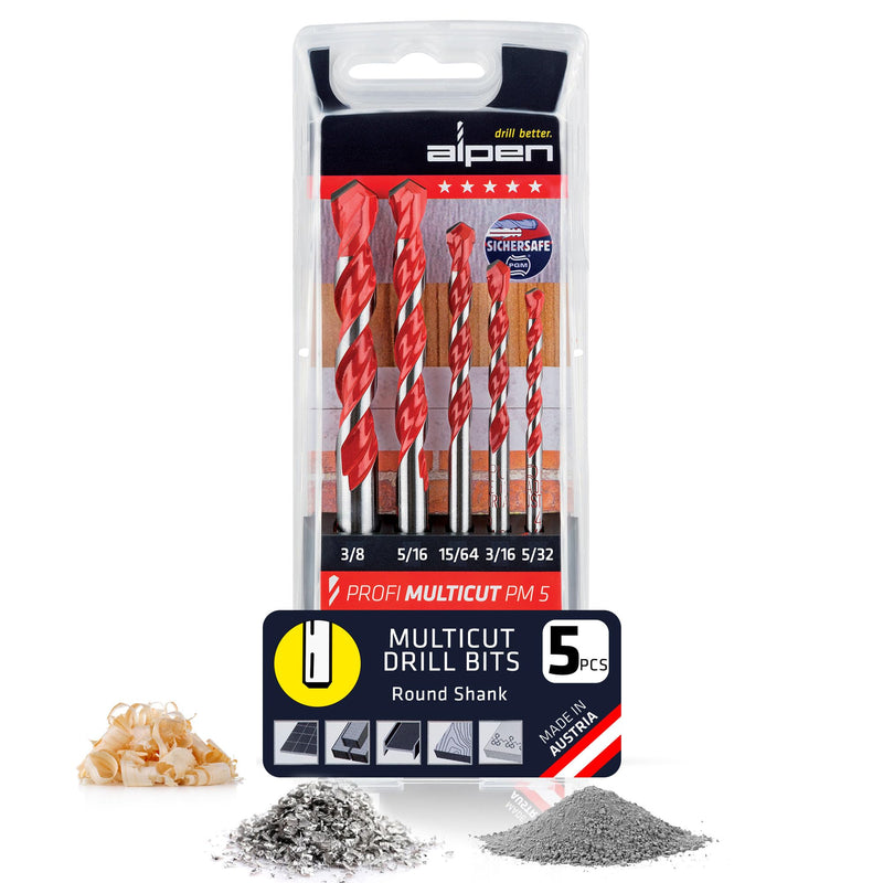 ALPEN 5-Piece Multi-Material Drill Bit Set – Tungsten Carbide Multicut, Drills Tile, Masonry, Metal, Wood & Plastic with One Bit – No Bit Changes – Austrian Engineering 5 PCS Set Cylindrical Shank