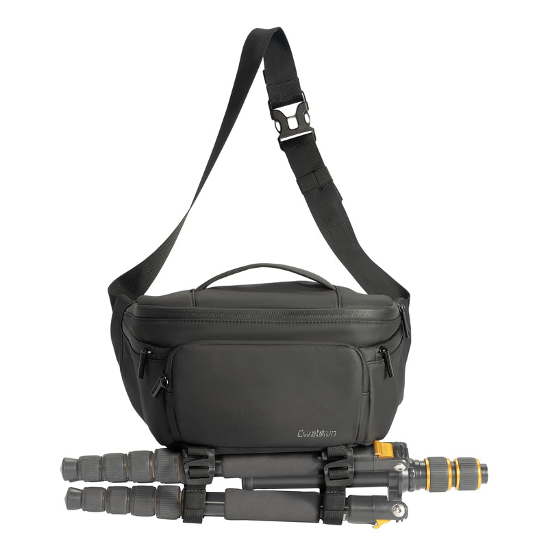 Cwatcun Large 3-in-1 Camera Waist Bag, Crossbody Fanny Pack for DSLR | 3-in-1: waist/crossbody/shoulder. Fits1 body+2lenses+tripod+flash. Waterproof, padded, detachable tripod strap. Black
