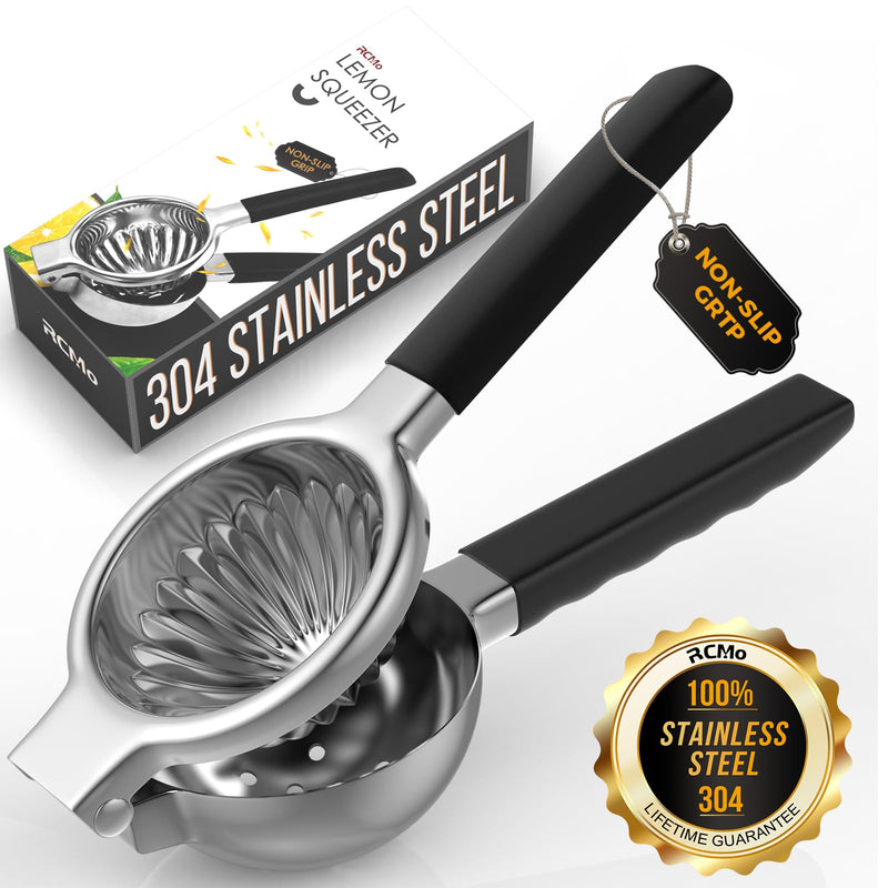 Stainless Steel Lemon Squeezer - Metal Citrus Juicer - Lime Lemon and Fruit Juicer with Silicone Handles - Large Manual Citrus Press Juicer - Hand Held Squeezer - Ergonomic Design with Solid Black