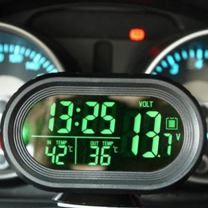 Shkalacar Digital Thermometer and Clock - LED Lighted Auto Dual Temperature Gauge Voltmeter Voltage Tester for Car Dashboard, DC 12V Green
