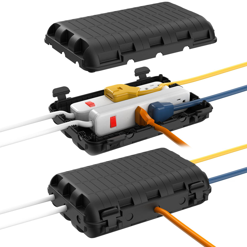 Outdoor Waterproof Electrical Box, 2 Pack Large Extension Cord Cover Protector Plug Connection Cable Safety Box IP54 Water-Resistant for Power Strip, Holiday Light and Decorations, Black 2 Pack Black