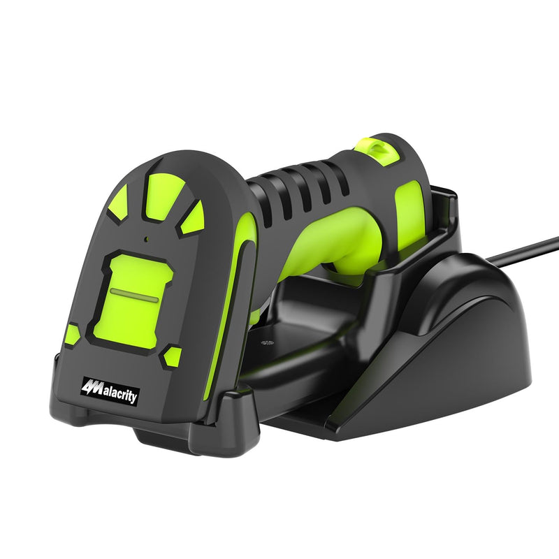 Alacrity Upgraded 2D Industrial Barcode Scanner with Wireless Charging Stand, 1968 Feet Transmission Distance 433Mhz Wireless & Bluetooth 2in1 Barcode Reader, Shock Dust Proof Hands Free, Green Chartreuse