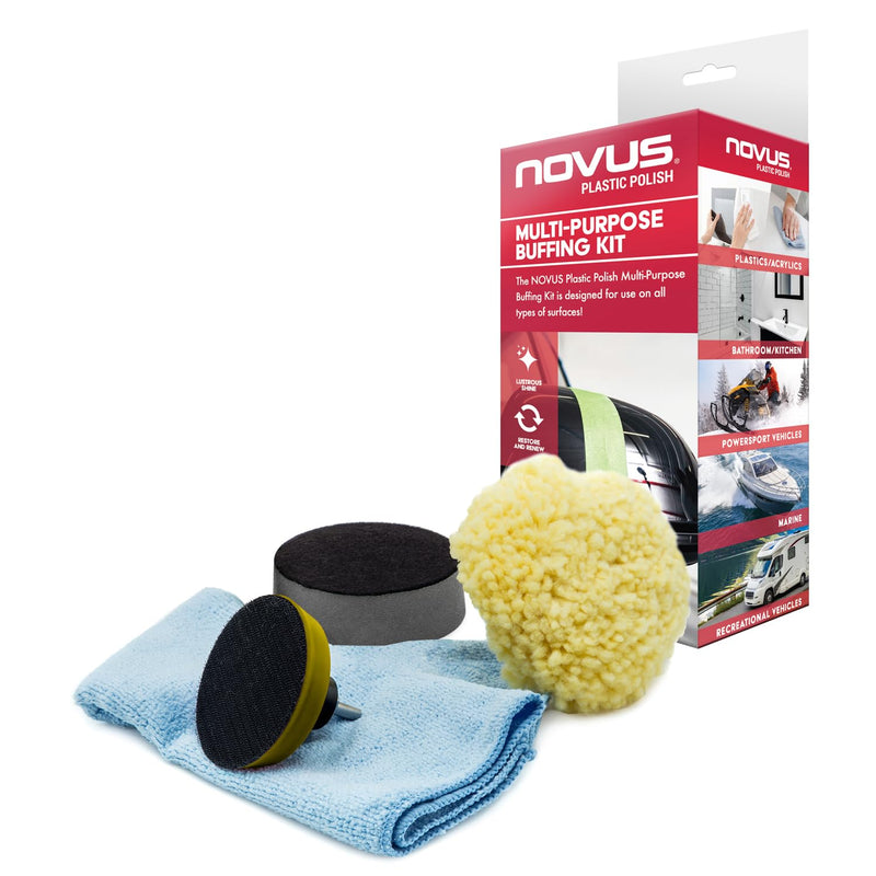 NOVUS 7232 | Multi-Purpose Buffing Kit | Contains 100% Wool Buffing Pad, Soft Foam Buffing Pad, Backing Pad for Drill, Microfiber Cloth Buffing Kit 2