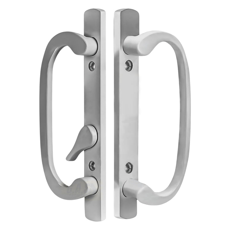 8.5" Legacy Sliding Patio Glass Door Offset Latch Brushed Chrome Handle Set Replacement - Sash Controls 2265 - No Mortise, Fits 3-15/16" Screw Hole Spacing and 1-1/4" to 2-1/4" Door Thickness