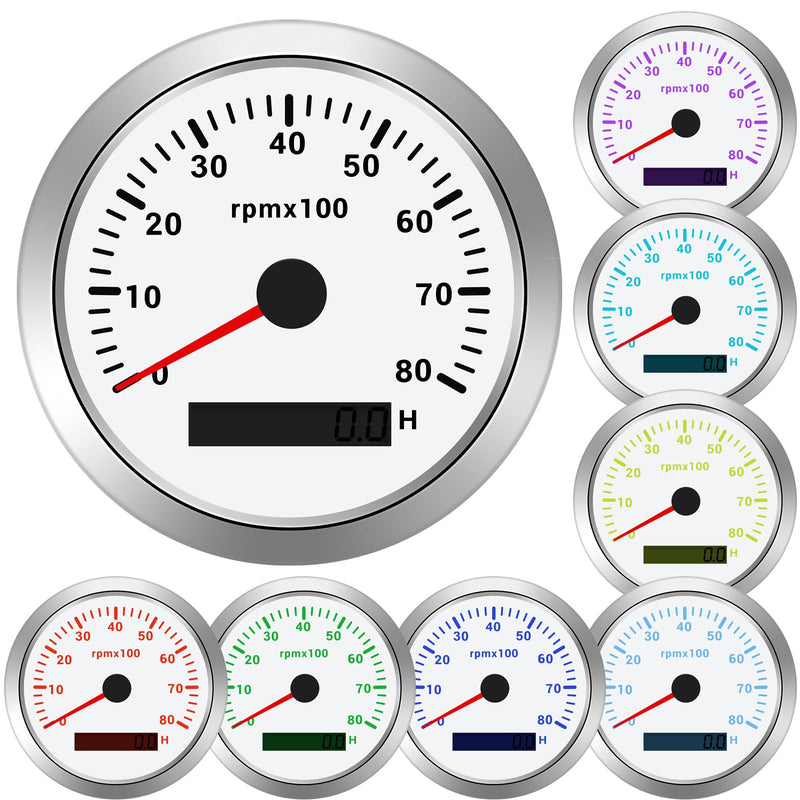 Geloo 85MM Boat RPM Tachometer Gauge 0-8000 RPM Tacometro Meter Replacement for Auto Truck Car - 7 Colors Backlight LED Display 9-32V 3-3/8" (White) White 8000 RPM
