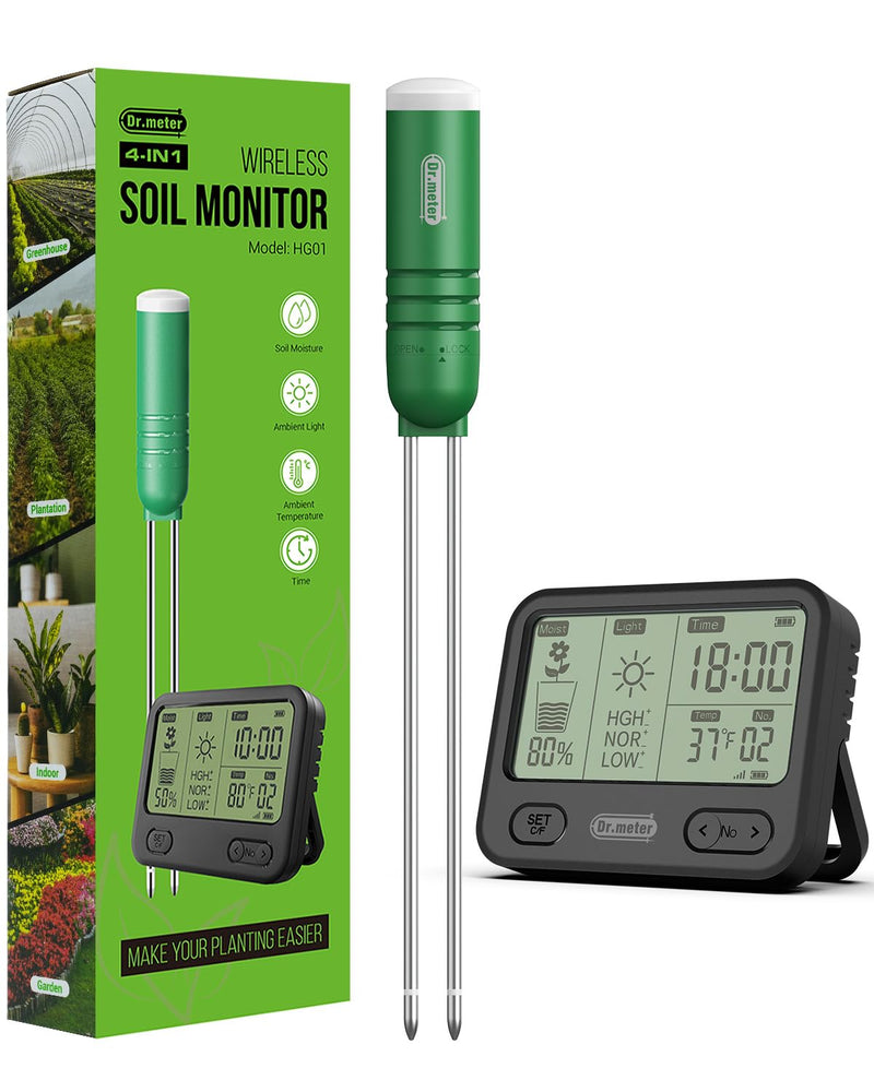 4-in-1 Soil Moisture Meter, 300ft Wireless Soil Tester Sensor, Temperature/Light/Time/Soil Hygrometer Monitor with Digital LCD Display for Indoor Outdoor Plants, Garden, Lawn, Gardening Gifts LCD Display + 1PCS Sensor