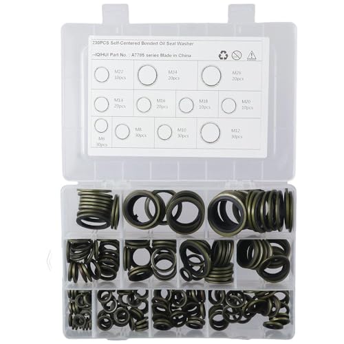 230Pcs Bonded Sealing Washer, M6-M26 Automotive Self-Centred Seal Gasket Assortment, Metal Bonded Seal Oil Washer, O Ring Kit Set, 11 Metric Sizes