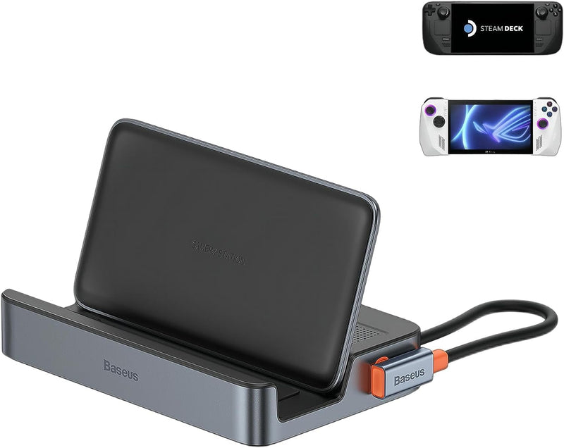 Steam Deck Dock, Baseus 6-in-1 Docking Station with Adjustable Stand Design | for Steam Deck/ROG Ally X/Legion Go with HDMI 2.0 4K@60Hz, Gigabit Ethernet, 100W PD and 3 USB-A 3.0 Ports