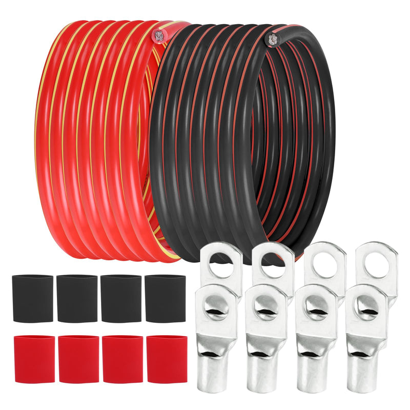 2 Gauge Battery Power Cable (5 Feet Black, 5 Feet Red) - 2 AWG Copper Clad Welding Wire with M8 & M10 SC Cable Lugs for Car, Camper, RV, Solar Low Voltage Wiring 5 Feet Each w/o Cable Sleeve Black and Red