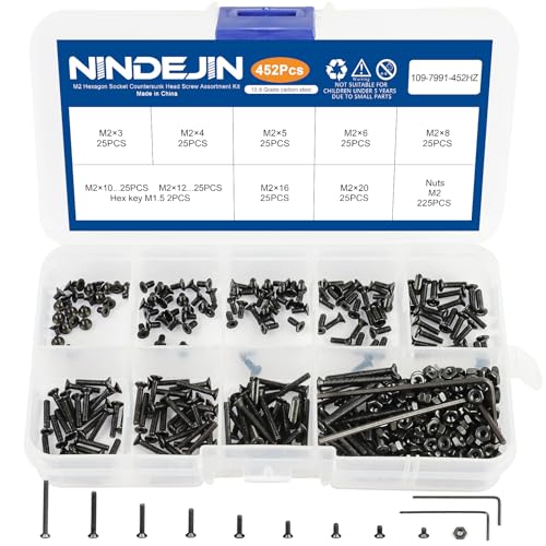 NINDEJIN M2 Screws, Metric M2-0.4 Flat Head Allen Socket Drive Screw, 452 pcs M2 Tiny Nuts Assortment Kit for 3D Printing Projects, RC Airplanes and Other Small Projects (9 Screw Lengths) 452Pcs M2 3mm-20mm