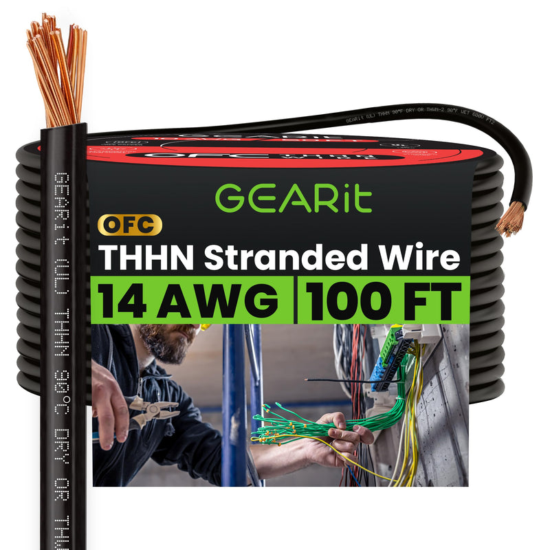 GEARit 14 Gauge THHN Copper Building Wire 100 Ft, 14 AWG Stranded Single Conductor Electrical Wire, 600V 90°C PVC/Nylon Jacket for Conduit, Raceway, Branch Circuit Wiring, Black 100 Feet Stranded THHN