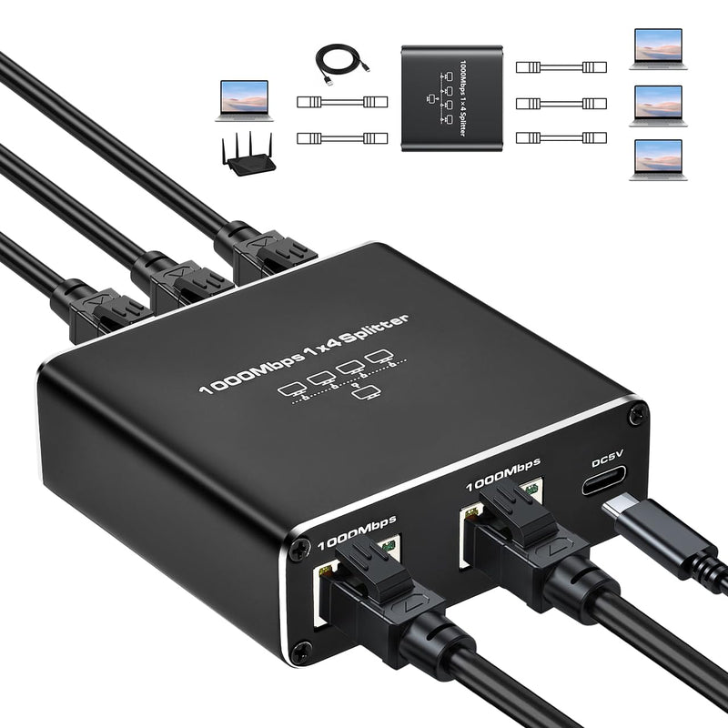 Upgrade Ethernet Splitter 1 to 4 High Speed 1000Mbps RJ45 Internet LAN Splitter [4 Devices Simultaneous Networking] with USB Power Cable for Cat5/5e/6/7/8 Cable