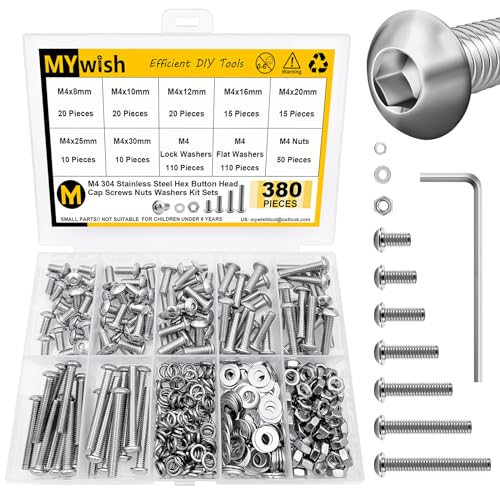 Mywish 380 Pcs M4 Screw Nuts and Bolts Assortment Kit, 304 Stainless Steel Button Head Socket Cap Metric Screws Bolts, Spring & Flat Lock Washers/Nuts/Hex Wrenches, M4*8/10/12/16/20/25/30 SIiver 380Pcs M4
