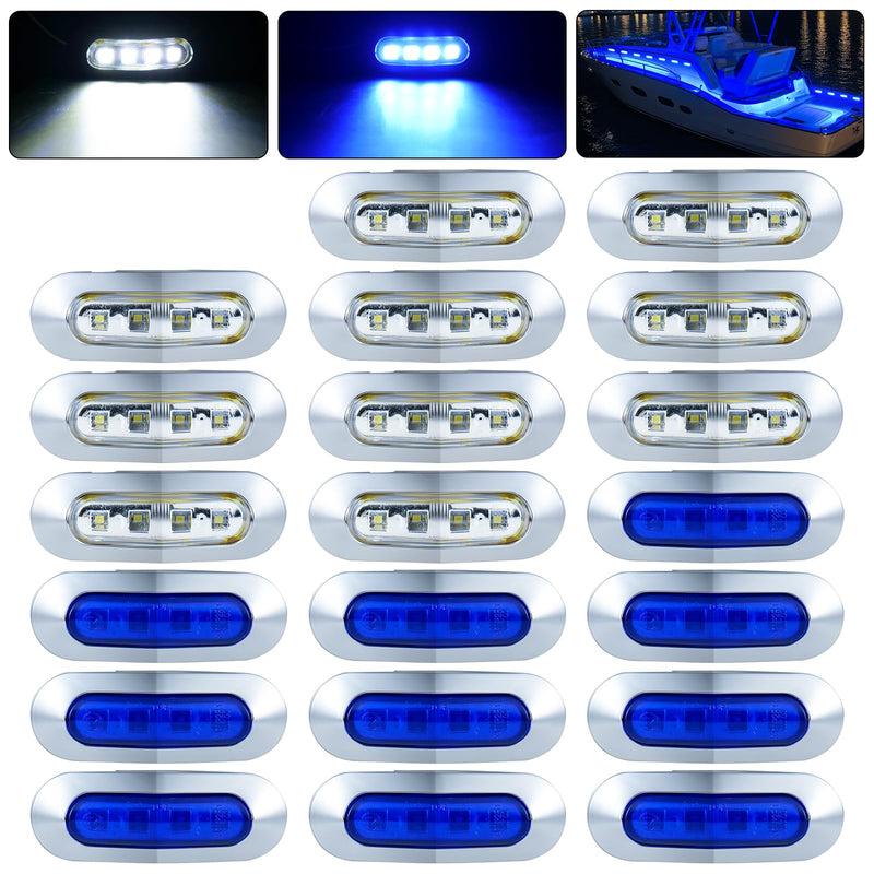 20Pack 3.7 Inch 4 LED Marine Boat Interior Lights, DC12-24V Waterproof Courtesy Lamp Deck Transom Stern Cabin Navigation Lighting for Fishing Pontoon Yacht Kayak Sailboat - Blue & White Blue, White