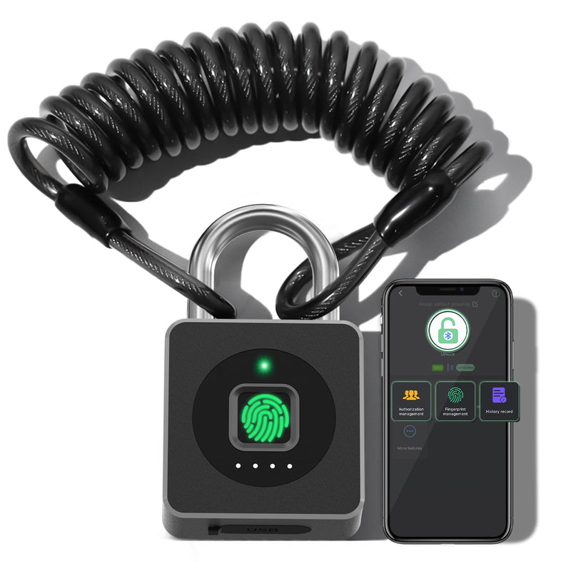 Pothunder Fingerprint Lock With APP, Steel Cable Keyless Biometric Padlock, Smart Waterproof for Gym, Locker, Helmet, Gate, Fence, Luggage Black with Cable