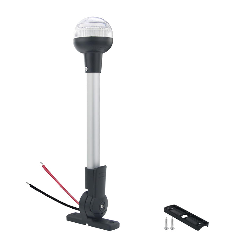 12-Inch Folding LED Navigation Anchor Light | Lightweight Anodized Aluminum Pole | Pontoon Boat Bimini & Stern Light | USCG 2NM | Horizontal Mount Base | 12V DC White Horizontal Mount，Folding base