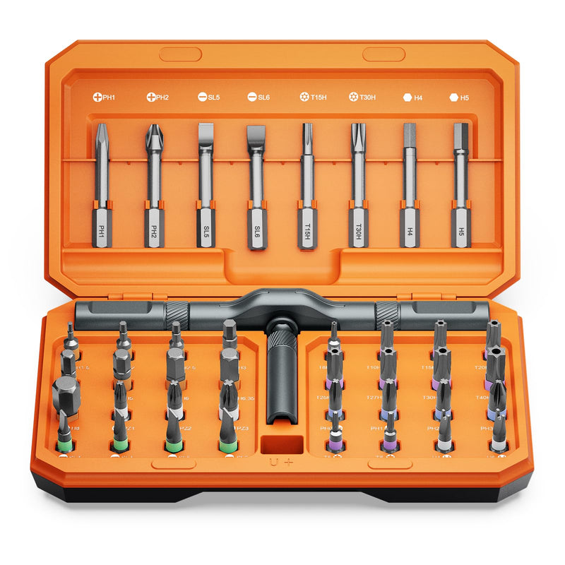AMIR 42 in 1 Magnetic Screwdriver Set, Ratchet Screwdriver Set with Multi Bit, DIY Repair Tool Kit with Versatile T Handle for Furniture, Computer, Bicycle, Electronic Repair Orange
