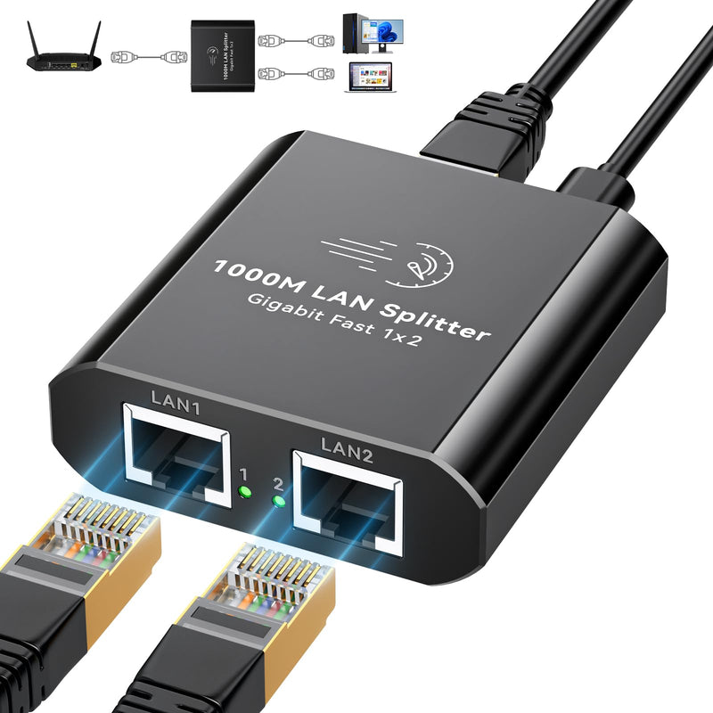 Ethernet Splitter 1 to 2 1000Mbps Internet Cable Splitter 1 in 2 Out High Speed Either Network Splitter Gigabit Dual LAN RJ45 Port Router Switch Work with Cat6/7/8 Cable Ethernet Splitter 1 to 2
