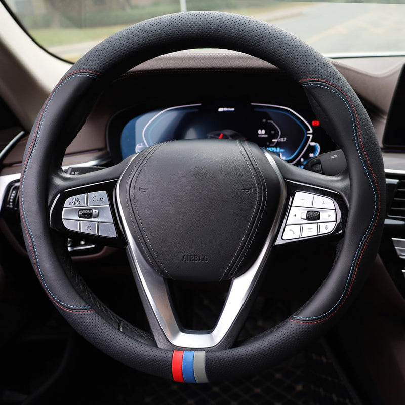  [AUSTRALIA] - Car Steering Wheel Cover for BMW X3 X5 X7 3 5 Series 328i 528i 535i 530i 540i 320i 330i 325i X1 X2 X4 X6 1 2 4 6 7 8 Series e90 e60 f30 Accessories, 2026 Leather Black (Red Blue)