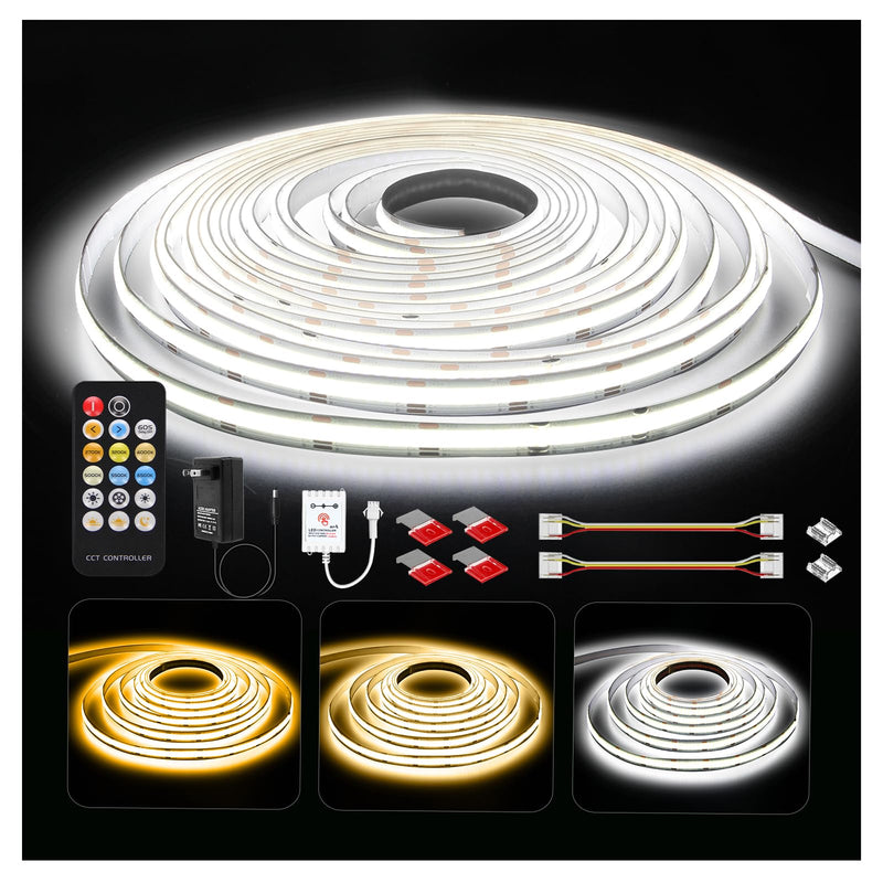 DAYBETTER COB LED Strip Lights, Tunable White(2700K-6500K) COB LED Lights with 6080 LEDs, 24V Adapter, RF Remote, Dimmable High Density Uniform LED Strip for Bedroom, Kitchen, Cabinet, CRI90+, 32.8ft Tunable White(2700K-6500K)