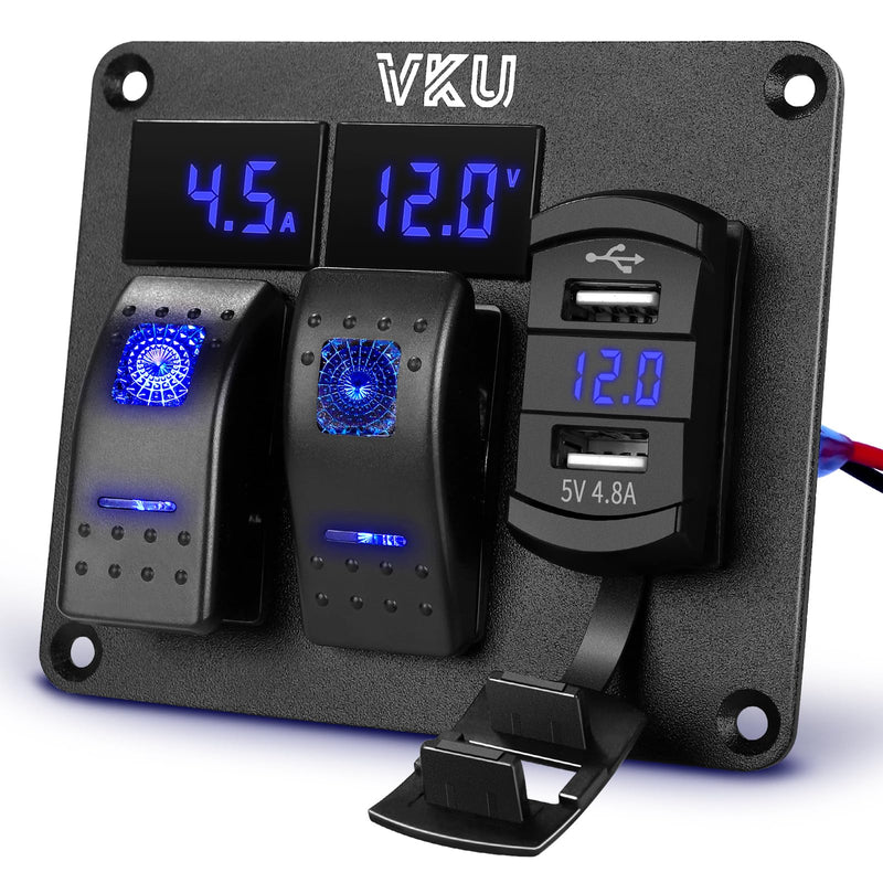 2 Gang Rocker Switch Panel with Ammeter and Voltmeter 4.8A Dual USB Charger Socket 12V 24V DC Aluminum Switches Panel 5Pin ON Off Switch for RV Cars Marine Boats ATVs Trailers 2 Gang with Dual USB Charger