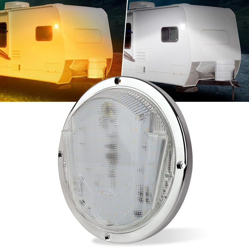 LED RV Exterior Light,8.5 Inch Round Scare Porch Light with 100pcs Dual Color Leds Flood Awning Light Replacement kit Surface Mount Fixture for RV Trailer Fifth Wheel Camper Bus