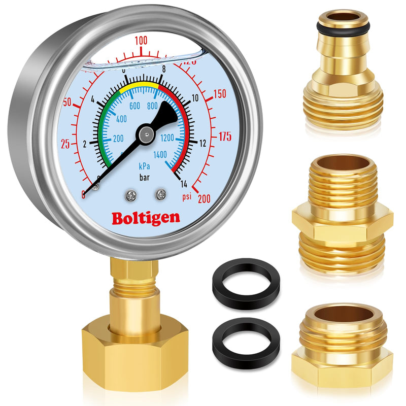 Water Pressure Gauge, 0-200 Psi Pressure Gauge Filled with Oil, 3/4" GHT Female Thread Water Pressure Test Gauge with 3 Adapters,for Home, Industrial, Garden Multiple Locations Pressure Test Style 1