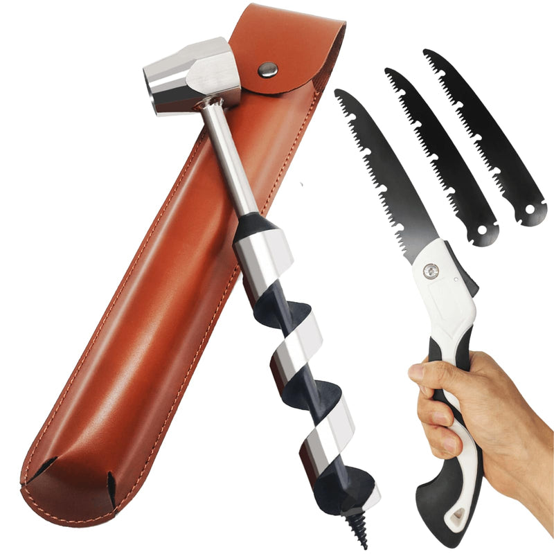 Hand Auger Wood Drill, Upgrade Welds Bushcraft Auger w/ Sharp Scottish Eye, Survival Tools for Bushcraft Projects/ Camping/Outdoors, 1*10inch Settlers Wrench & Folding Saw Kit, Bushcraft Gear