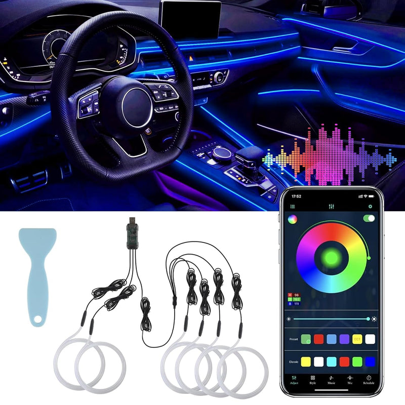 LivTee Smart LED Car Lights Interior with USB Port, LED Strip Fiber Optic Ambient Lighting Car, Wireless App Control, Sync to Music, Car Decorations Interior Accessories Gifts for Women Men, 6 in 1 Fiber Optic Lights(1-to-6)
