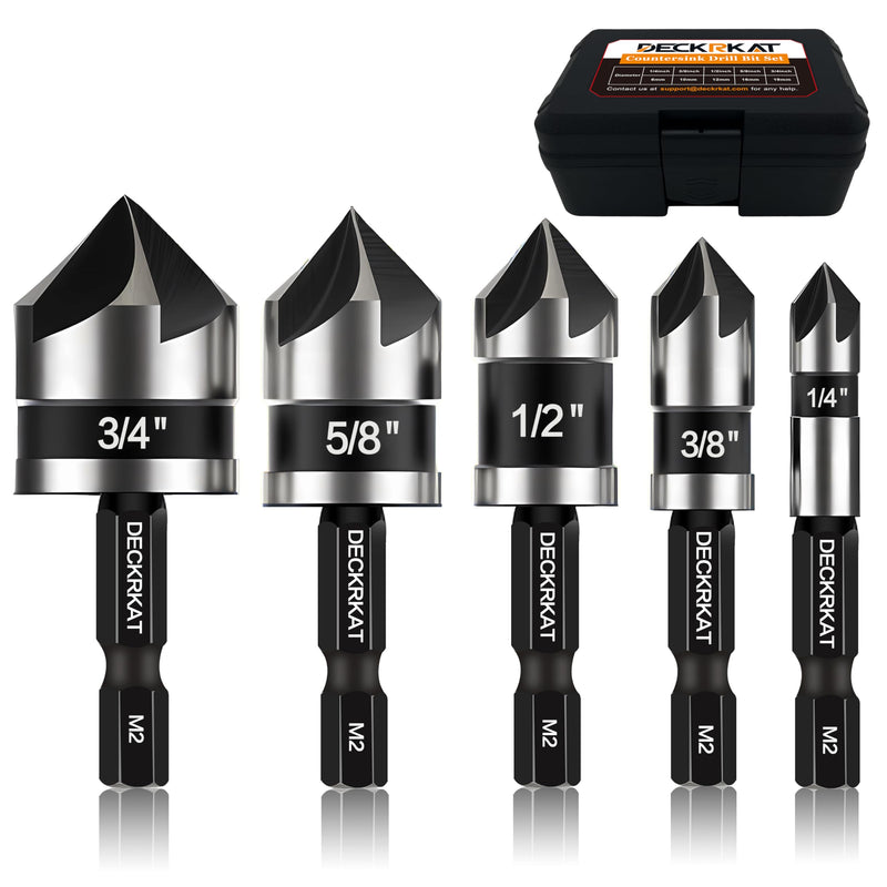 5 Pcs Countersink Drill Bit Set, Industrial Grade M2 High-Speed Steel, 82 Degree, 5 Flute with 1/4” Quick Change Hex Shank, 1/4" to 3/4" Size for Metal, Wood & Plastic - Includes Durable Case 1/4"- 3/4" M2 HSS