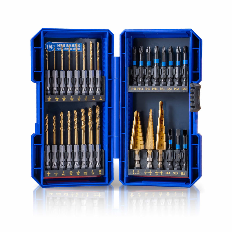 HIGHFIRE 30PCS Impact Driver Bit Set Include Screwdriver Bit Set,Step Drill Bit,Hex Shank Drill Bit with Tough Stackable Case, Idea for Hanging Pictures, Assembling Furniture and Home Tasks Assorted (30pcs)