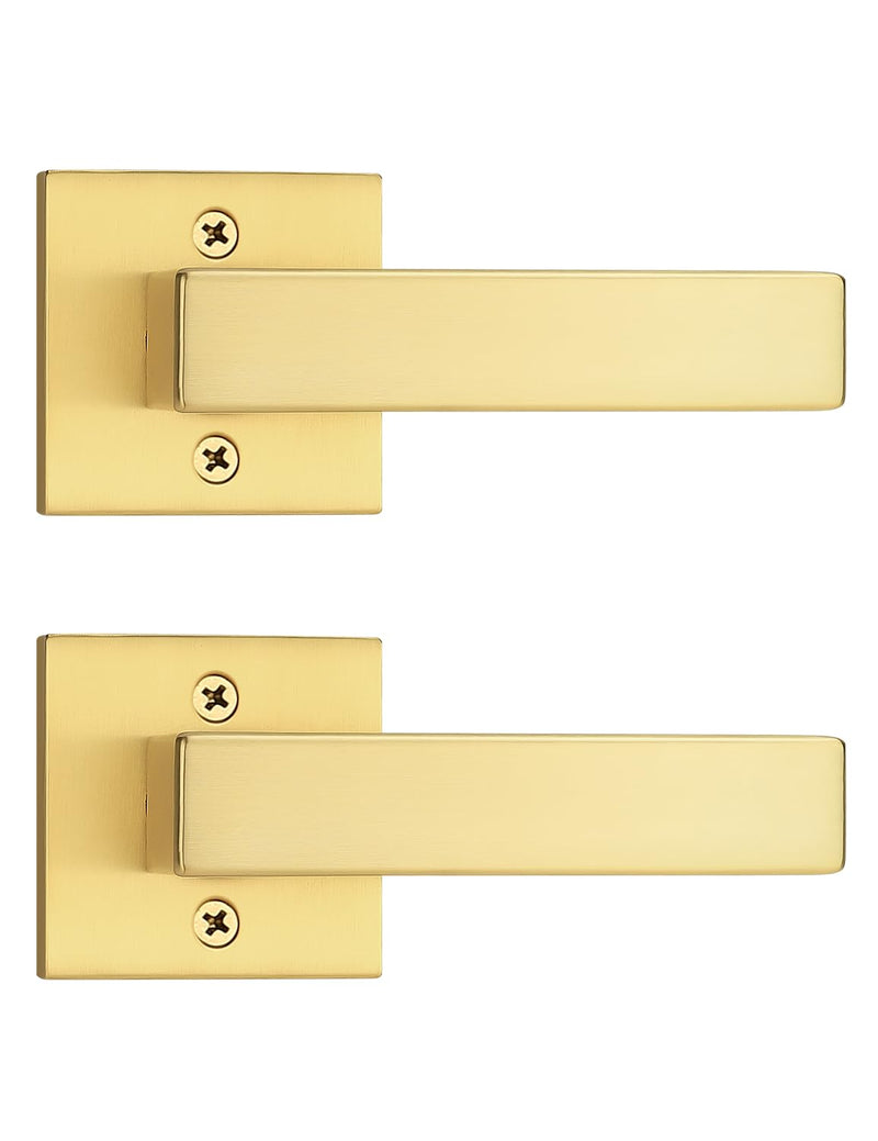 Tinewa 2 Pack Gold Dummy Lever Door Handles for Closets French Doors, Satin Brass Finish, Interior Dummy Door Locksets for Hall Closet Door Knobs Lock Reversible Right & Left Handed Gold-Half Dummy
