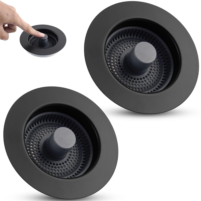 Universal 3 in 1 Kitchen Sink Drain Strainer Stopper Combo, 2PCS Matteblack Stainless Steel Shell Pop Up Sink Stopper for US Standard 3-1/2 inch Drain Filter, Anti-clog and Easy Clean 2 Black Metal Shell with Flat Handle Strainer
