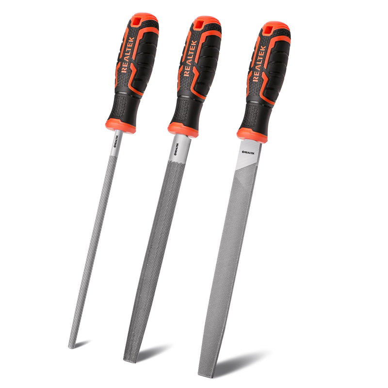 REALTEK 3-Piece Metal File Set, 12-inch Double Sided Steel Set, Includes Half-Round/Round/Flat Files, T12 Carbon Sharpening File, Professional Hand Files for Hard Metal Shaping MetalFiles-3pc