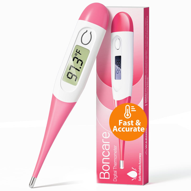 Boncare 10 Seconds Oral Thermometer for Adults and Kids (Pink) | Accurate & Safe Rectal Thermometer for Baby with Fever Alarm, Digital Thermometer