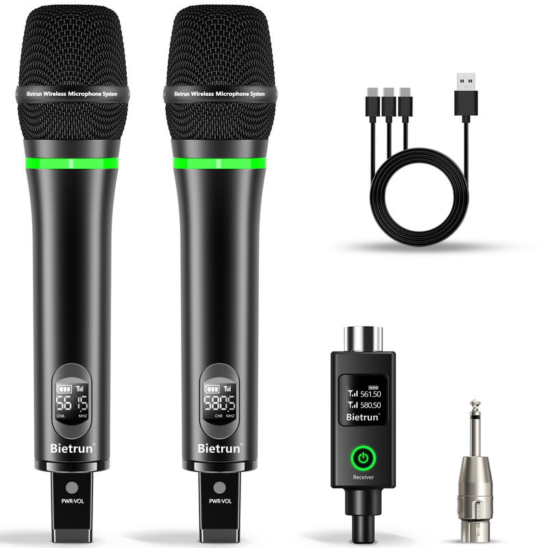 Bietrun XLR Wireless Microphone, Rechargeable Dual Metal Cordless Handheld Dynamic Mics for Mixer, Audio Interface, PA Amplifier System, Church, Singing, Karaoke(UHF 240FT Range)(with 6.35 Adapter) XLR Rechargeble Rechargeable Microphone-WXM19-2