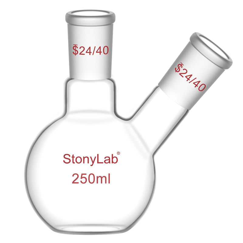stonylab Flat Bottom Flask FBF, Heavy Wall 2-Neck Lab Flask Borosilicate Glass Flat Bottom Boiling Flask with 24/40 Standard Joint, 250 ml