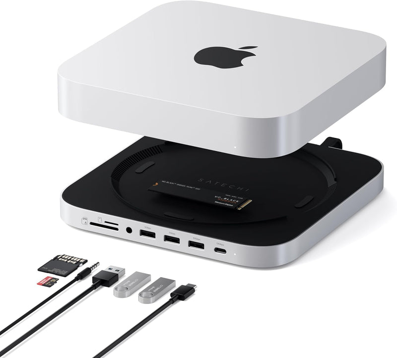 Satechi Mac mini Hub & Stand with SSD Enclosure for NVME/SATA M.2, Mac mini Dock with USB C 10Gbps, 3 USB A 5/10Gbps, 2.0 Audio Jack, for Mac Studio, Mac mini M2/M1 (Not Compatible with M4) - Silver NVMe SATA SSD