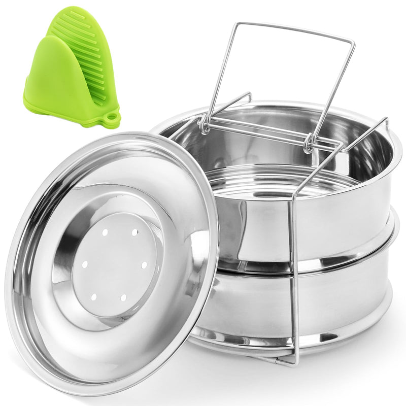WUWEOT Stackable Steamer Insert Pans, 7.8 Inches Stainless Steel Pot-in-Pot Baking Pan, 2 Tier Pressure Cooker Accessories with Sling Handle and Silicone Gloves for Instant Pot