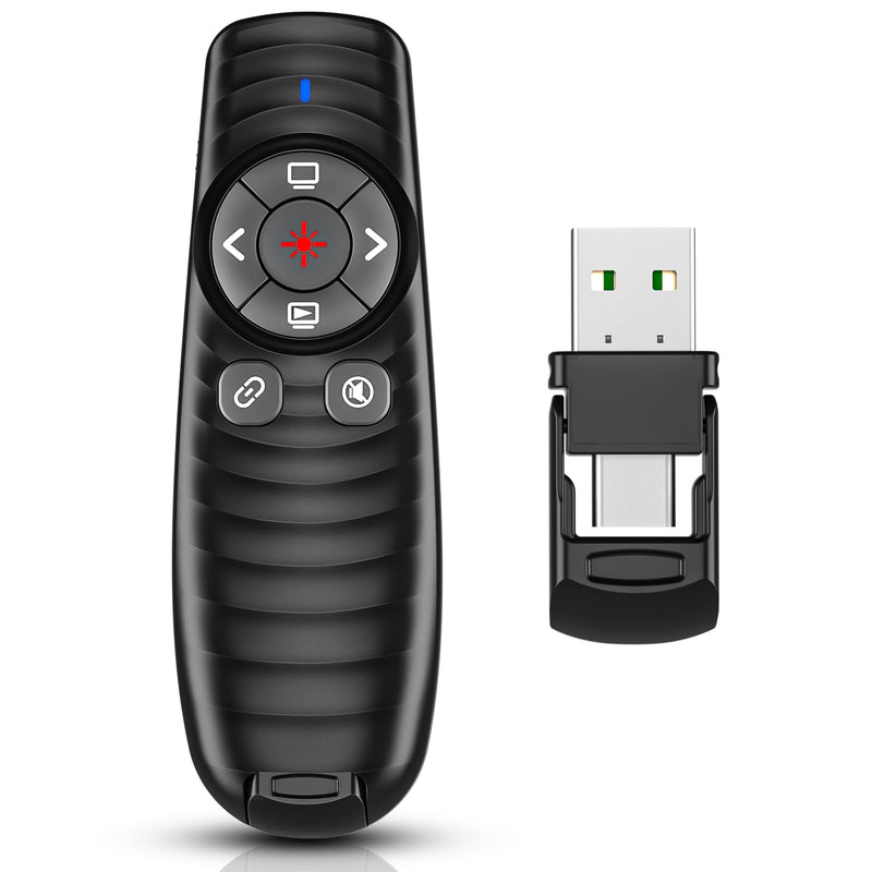 2-in-1 USB TYPE-C Presentation Clicker wireless Presenter Remote Clicker, Powerpoint Clicker Slide Advancer, Clicker for Powerpoint Presentations with Volume Control, Presentation Clicker for Computer F09 Red Lighjt + USB A/USB C