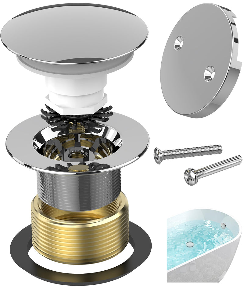 Chrome Plated Tub Drain Kit with Hair Catcher, Premium Brass Mushroom Tip-Toe Bathroom Tub Drain Replacement and 2-Hole Overflow Faceplate, 11.5/16 UNC Bathtub Drain Stopper Assembly Chrome Plated