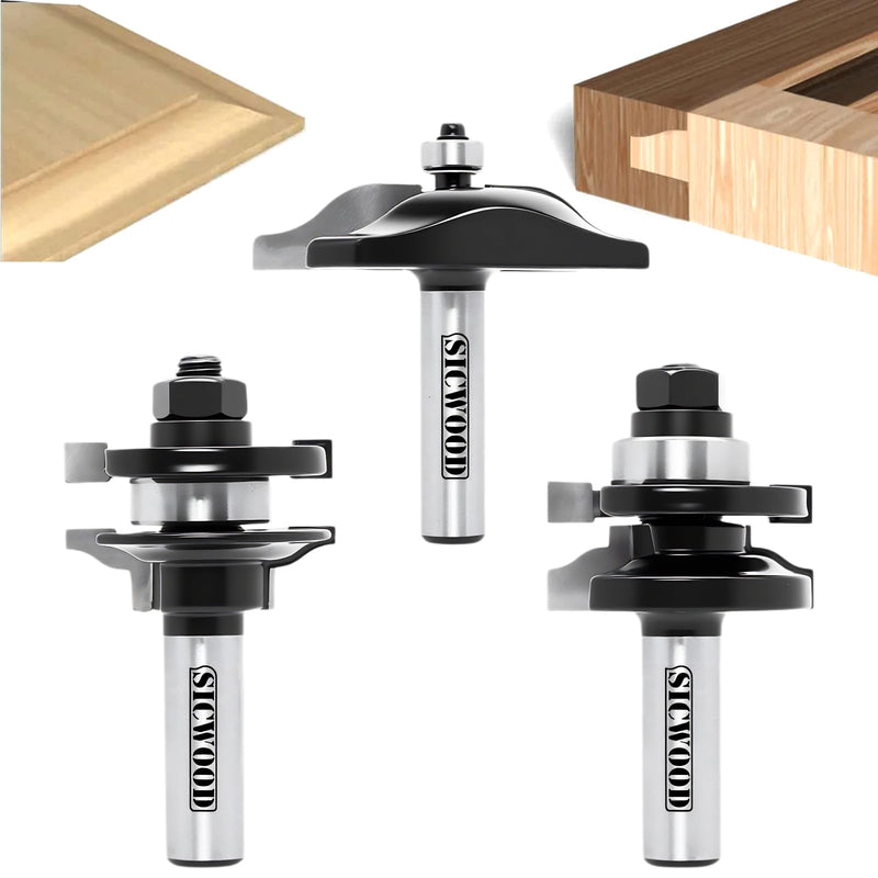 3PCS Cabinet Door Raised Panel Router Bits Set 1/2 Shank, Carbide Woodworking Tools, for Making Door & Window Frames, (Tenon Joint Cutter Diameter: 1-5/8")