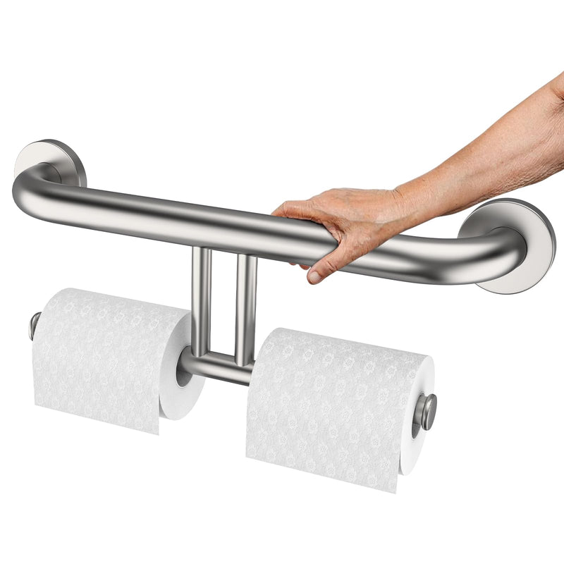 Brushed Nickel Handicap Grab Bar w/Toilet Paper Roll Holder, Zepolu 2-in-1 Safety Assist Bar Balanced Support Handle 17 Inch, Stainless Steel Wall Mounted Bathroom Toilet Grab Bar for Senior Elderly paper holder - brushed nickel