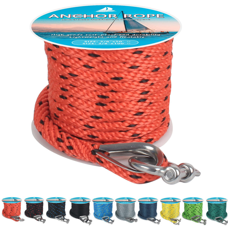 Anchor Rope 50 ft x 3/8 inch, Premium Solid Braid MFP Anchor Line, Boat Anchor Rope with 316 Stainless Steel Thimble & Shackle, Orange and Black Orange&Black 3/8inch x 50ft