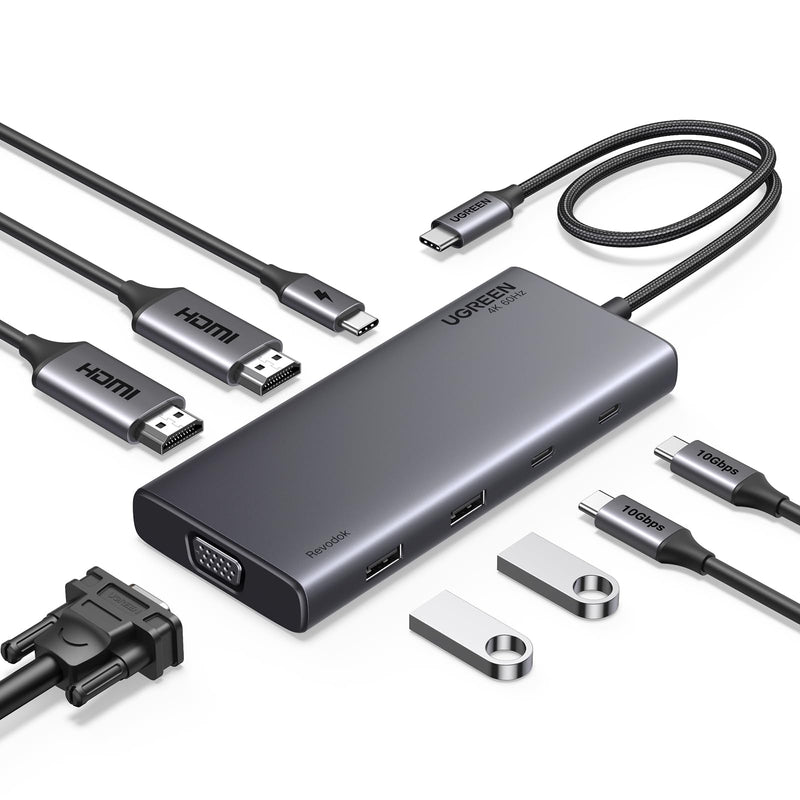 UGREEN 8 in 1 USB C 4K Docking Station Dual Monitor, Triple Display USB C Hub with 2 HDMI, VGA, 2 USB A&C 3.2 Ports, 100W PD, Compatible for MacBook, Dell, HP, Lenovo, Surface etc